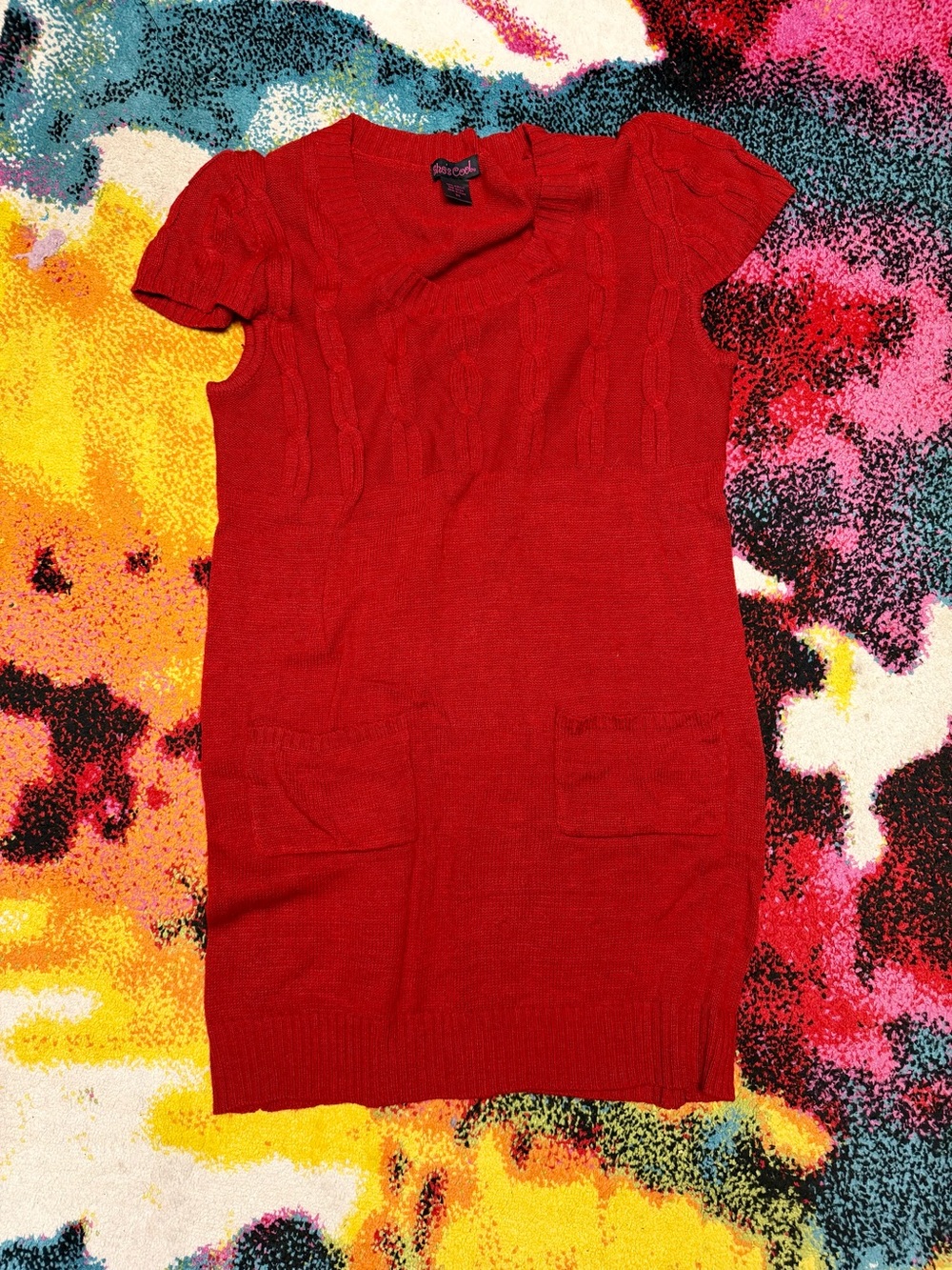 She's Cool Bright Red Short-Sleeve Cable-Knit Tunic Dress
